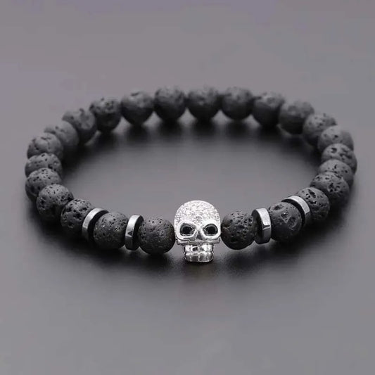 Bracelet Homme Tête de Mort Pierre de Lave
