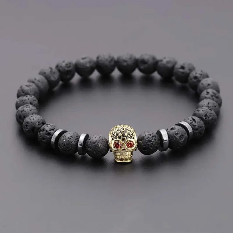 Bracelet Homme Tête de Mort Pierre de Lave