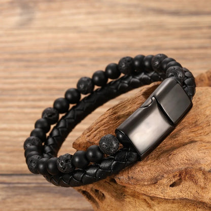 Bracelet homme tressé Perles Noires Double Rang