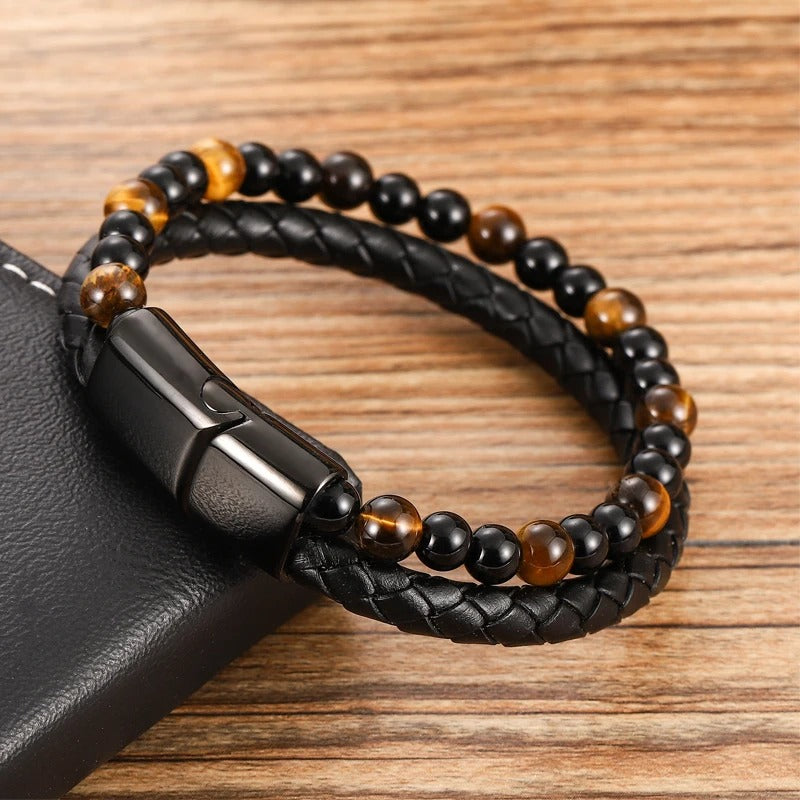 Bracelet homme tressé Perles Noires Double Rang