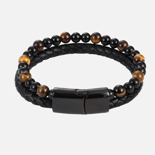 Bracelet homme tressé Perles Noires Double Rang