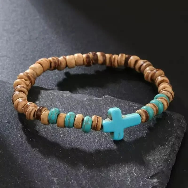 Bracelet Homme Turquoise Croix Et Bois