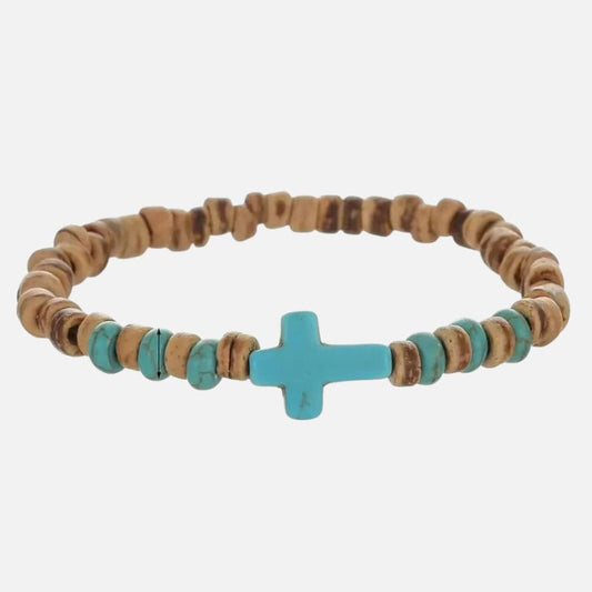 Bracelet Homme Turquoise Croix Et Bois