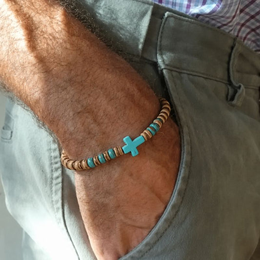 Bracelet Homme Turquoise Croix Et Bois