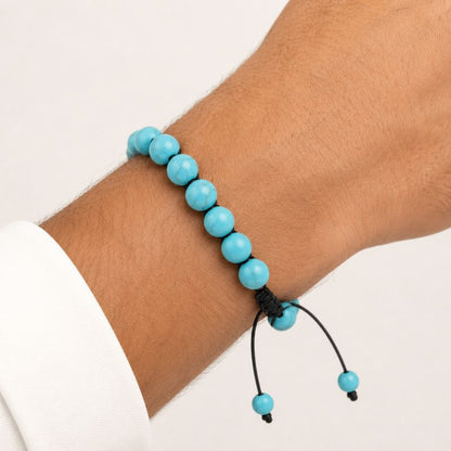 Bracelet Homme Turquoise Perles Rondes Cordon Coulissant