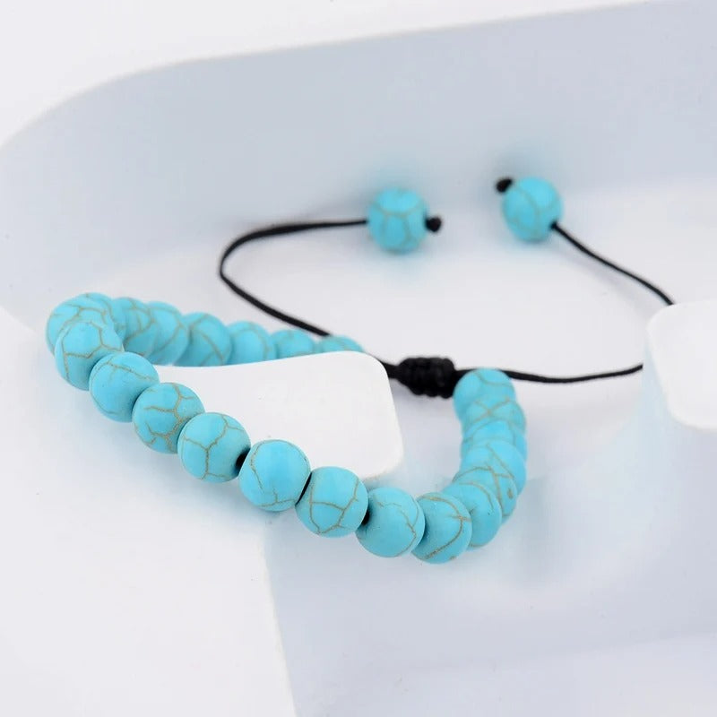 Bracelet Homme Turquoise Perles Rondes Cordon Coulissant