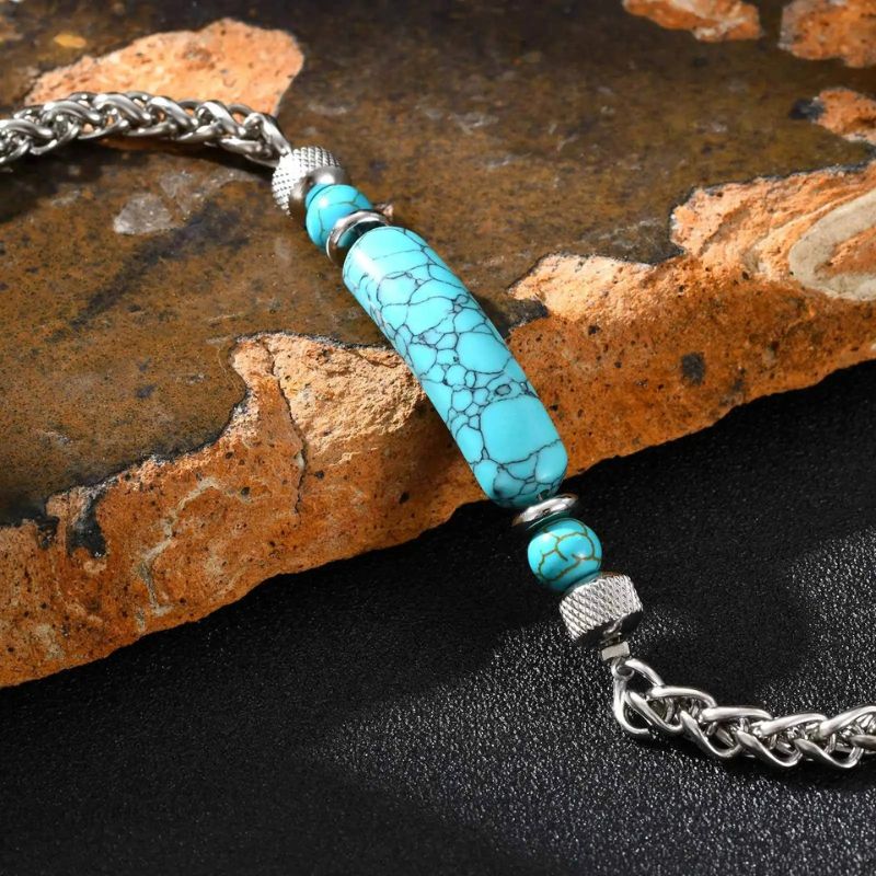 Bracelet Homme Turquoise Pierre Plate Chaine Acier Inoxydable