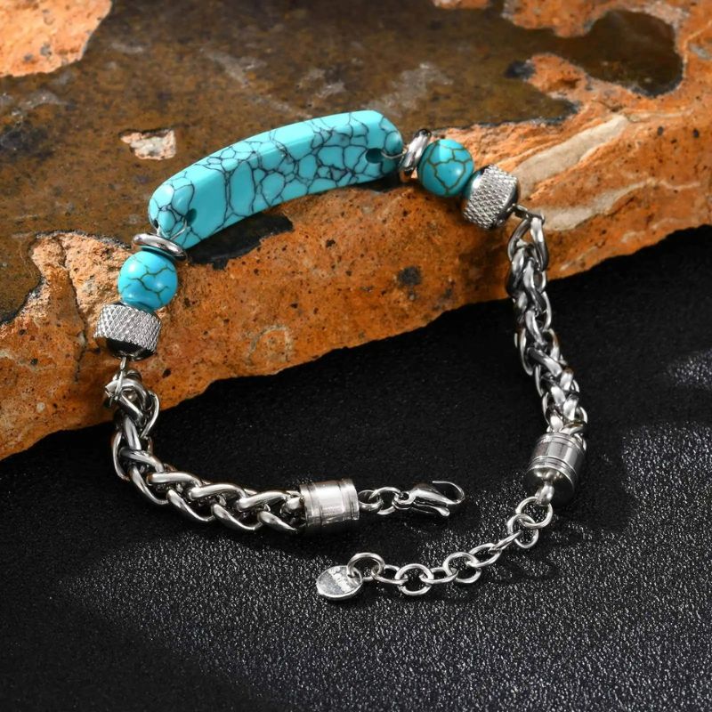 Bracelet Homme Turquoise Pierre Plate Chaine Acier Inoxydable