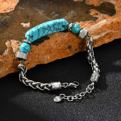 Bracelet Homme Turquoise Pierre Plate Chaine Acier Inoxydable