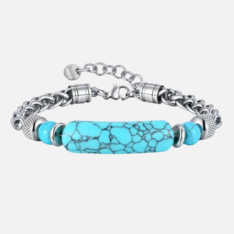 Bracelet Homme Turquoise Pierre Plate Chaine Acier Inoxydable
