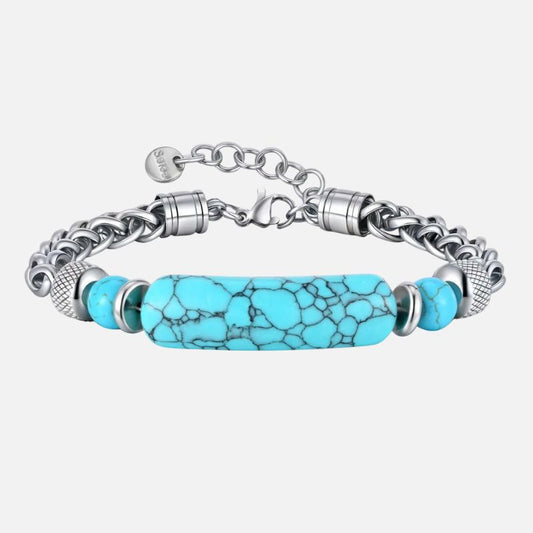 Bracelet Homme Turquoise Pierre Plate Chaine Acier Inoxydable