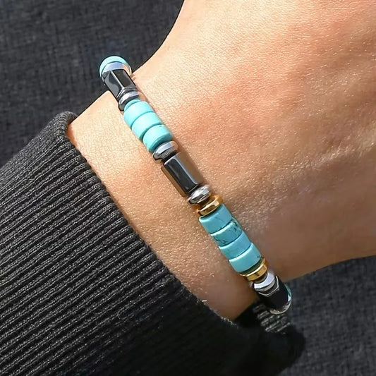 Bracelet Homme Turquoise Rondelles Perles Métal