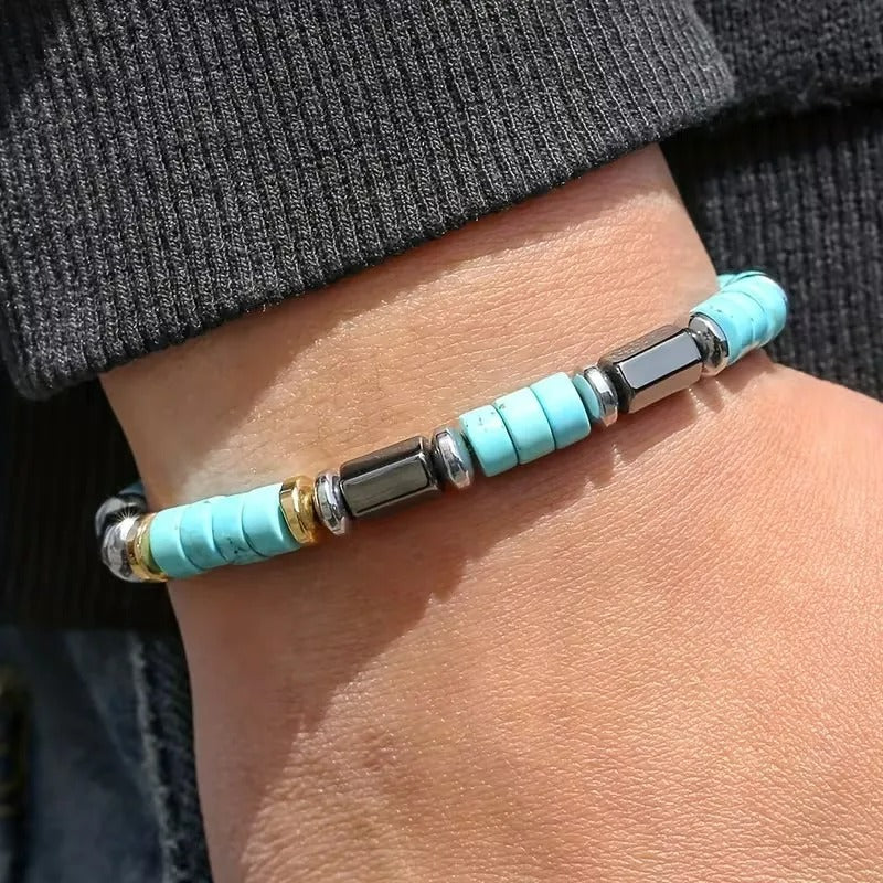 Bracelet Homme Turquoise Rondelles Perles Métal