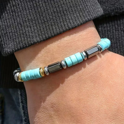 Bracelet Homme Turquoise Rondelles Perles Métal