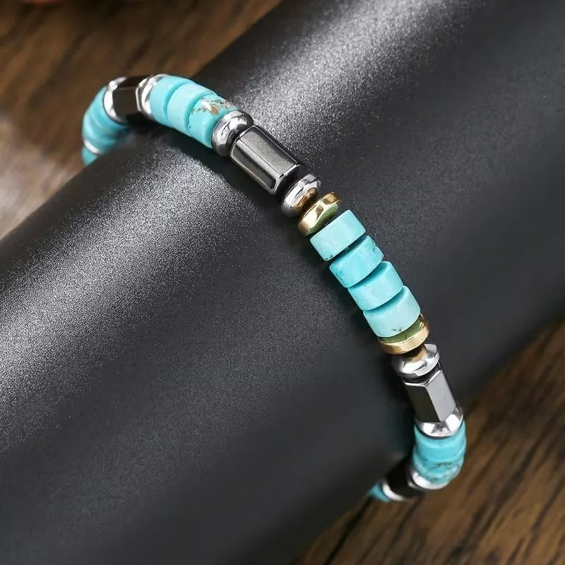 Bracelet Homme Turquoise Rondelles Perles Métal