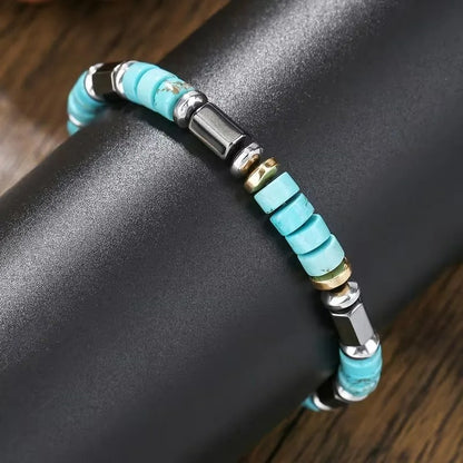 Bracelet Homme Turquoise Rondelles Perles Métal