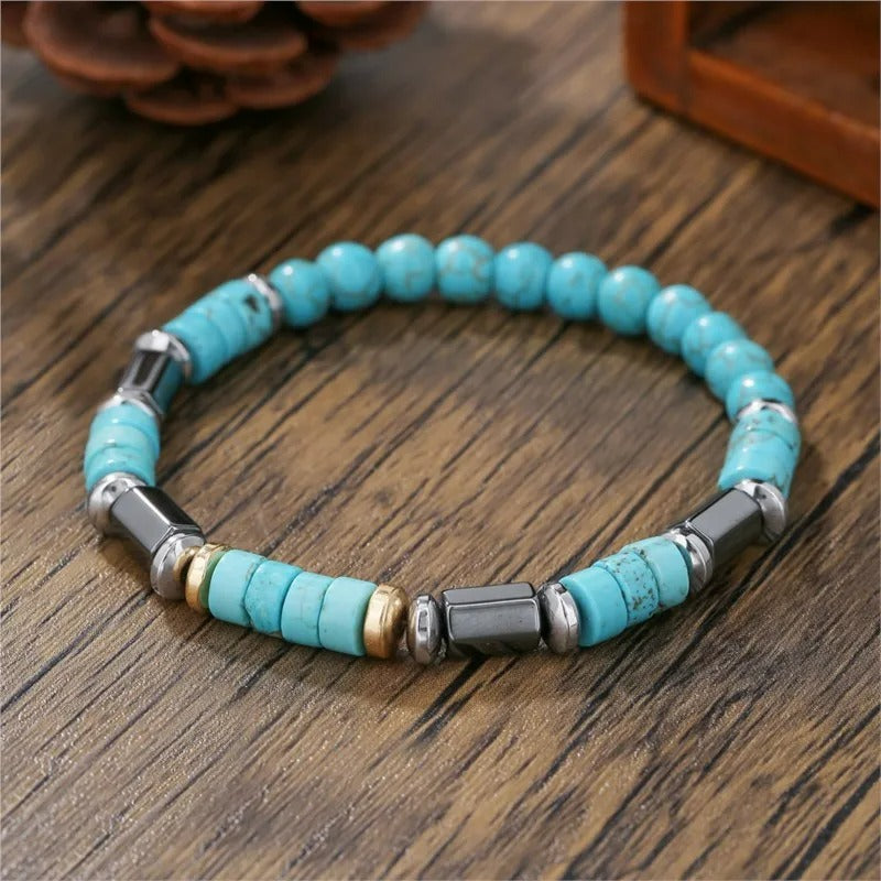 Bracelet Homme Turquoise Rondelles Perles Métal