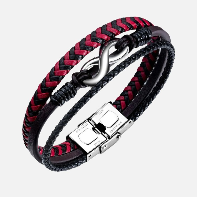 Bracelet Infini Homme Cuir Rouge Noir