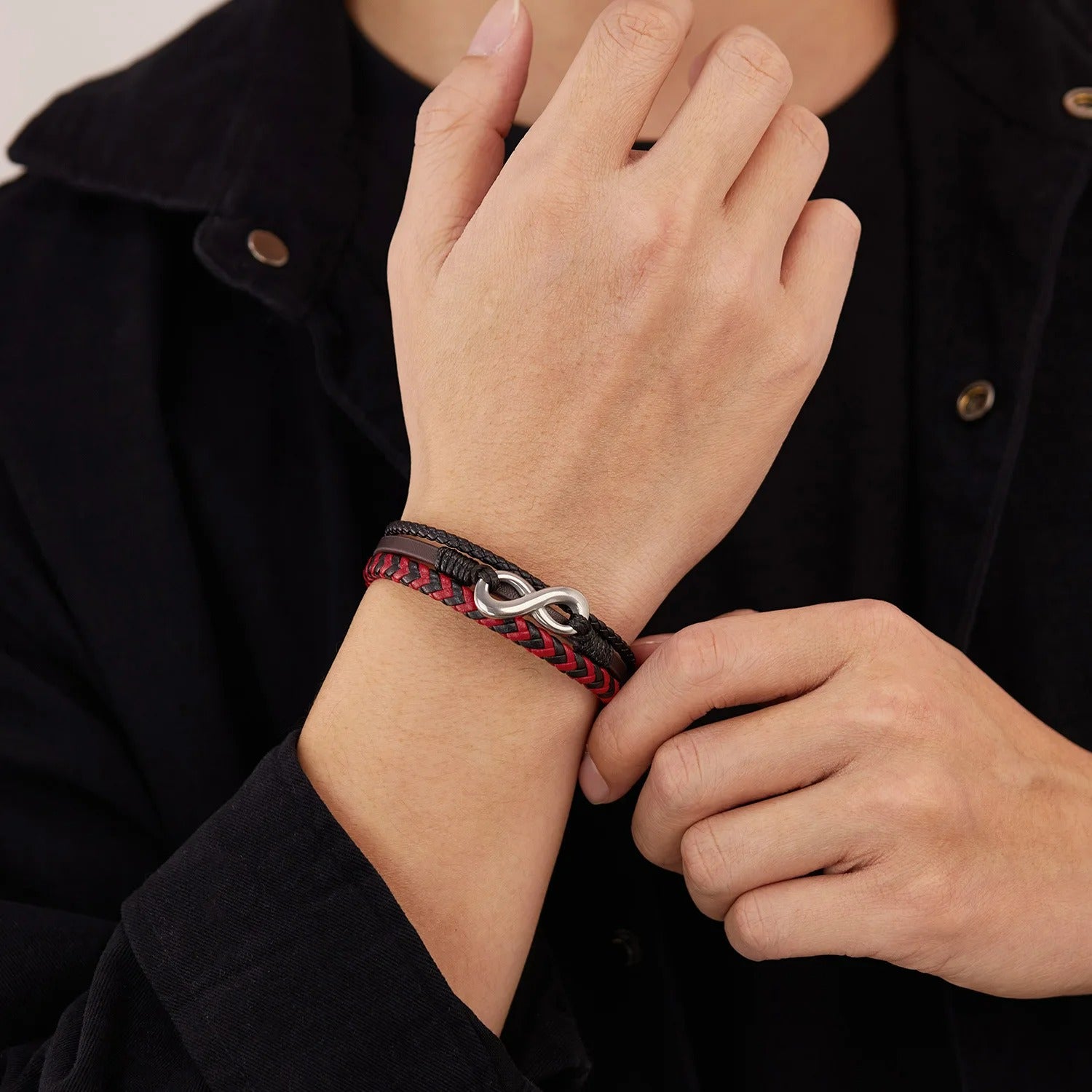 Bracelet Infini Homme Cuir Rouge Noir