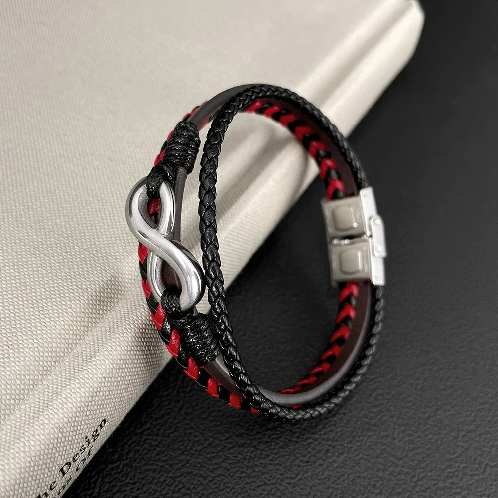 Bracelet Infini Homme Cuir Rouge Noir