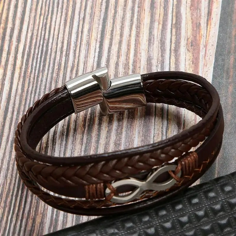 Bracelet Infini Homme Cuir Tressé Multicouche - Acier Inoxydable