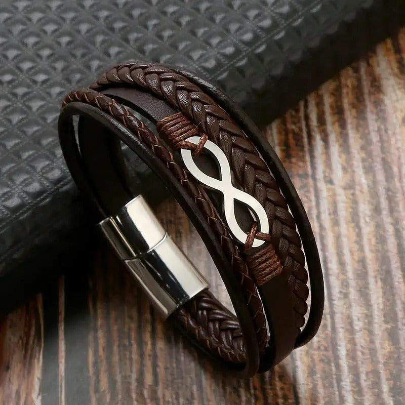 Bracelet Infini Homme Cuir Tressé Multicouche - Acier Inoxydable