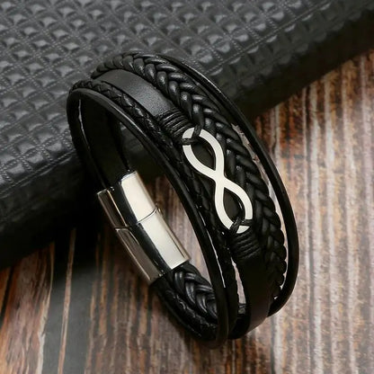 Bracelet Infini Homme Cuir Tressé Multicouche - Acier Inoxydable