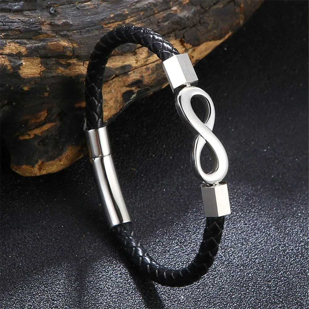 Bracelet Infini Homme Tressé Cuir Et Acier Inoxydable