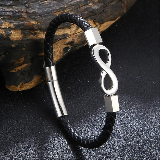 Bracelet Infini Homme Tressé Cuir Et Acier Inoxydable