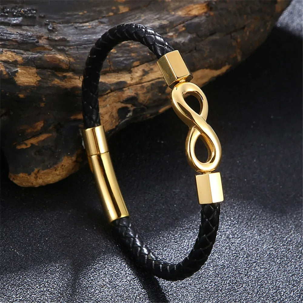 Bracelet Infini Homme Tressé Cuir Et Acier Inoxydable