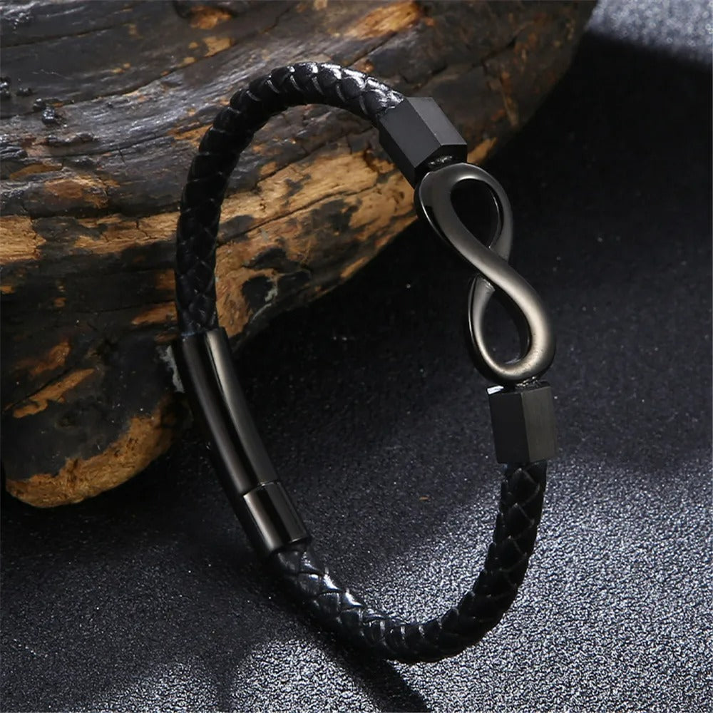 Bracelet Infini Homme Tressé Cuir Et Acier Inoxydable