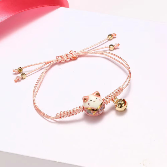 Bracelet Japonais Maneki Neko Tressé à Grelot