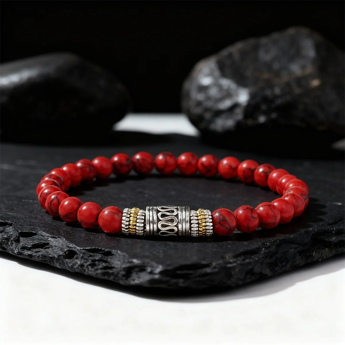 Bracelet Jaspe Rouge Perle Centrale Ciselée