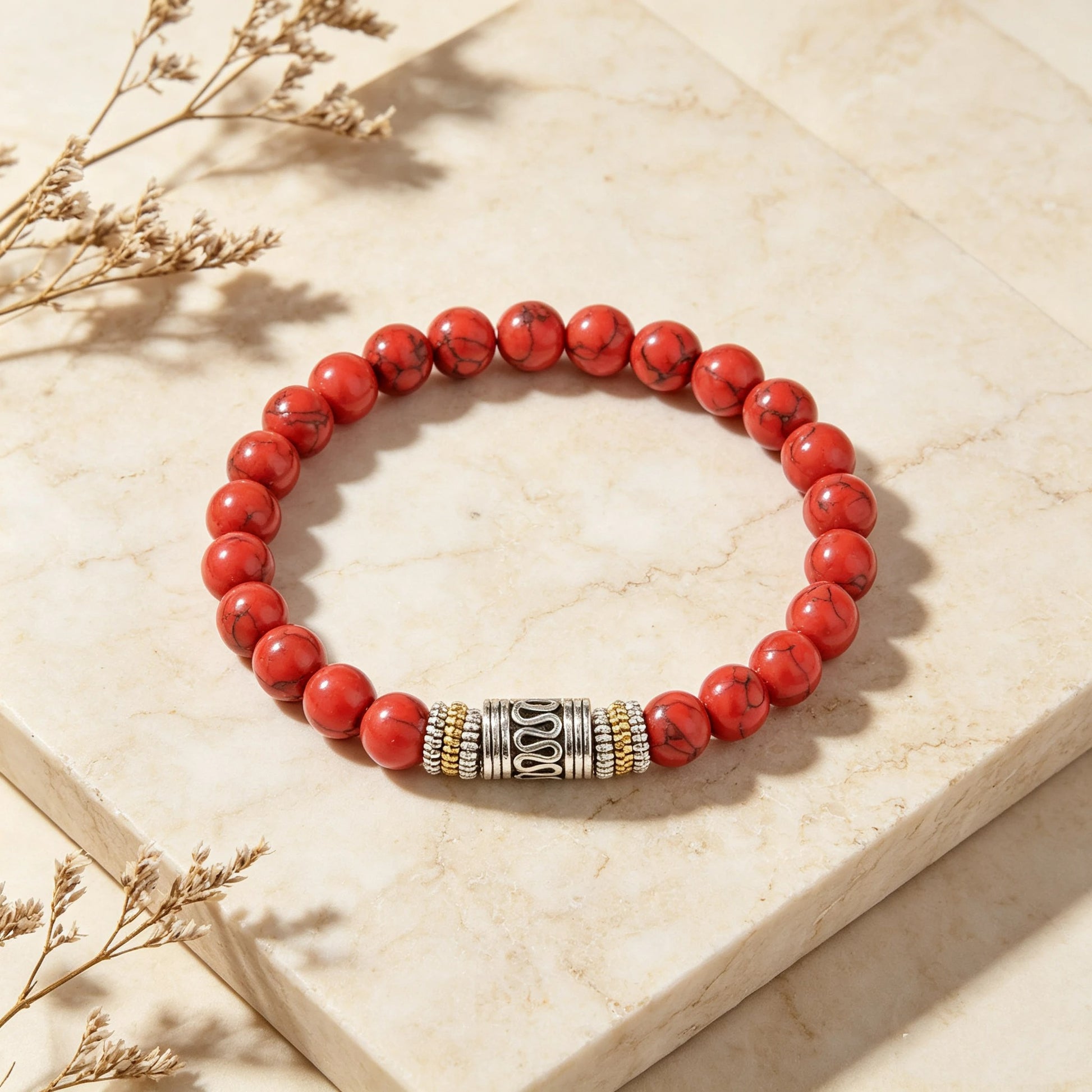 Bracelet Jaspe Rouge Perle Centrale Ciselée