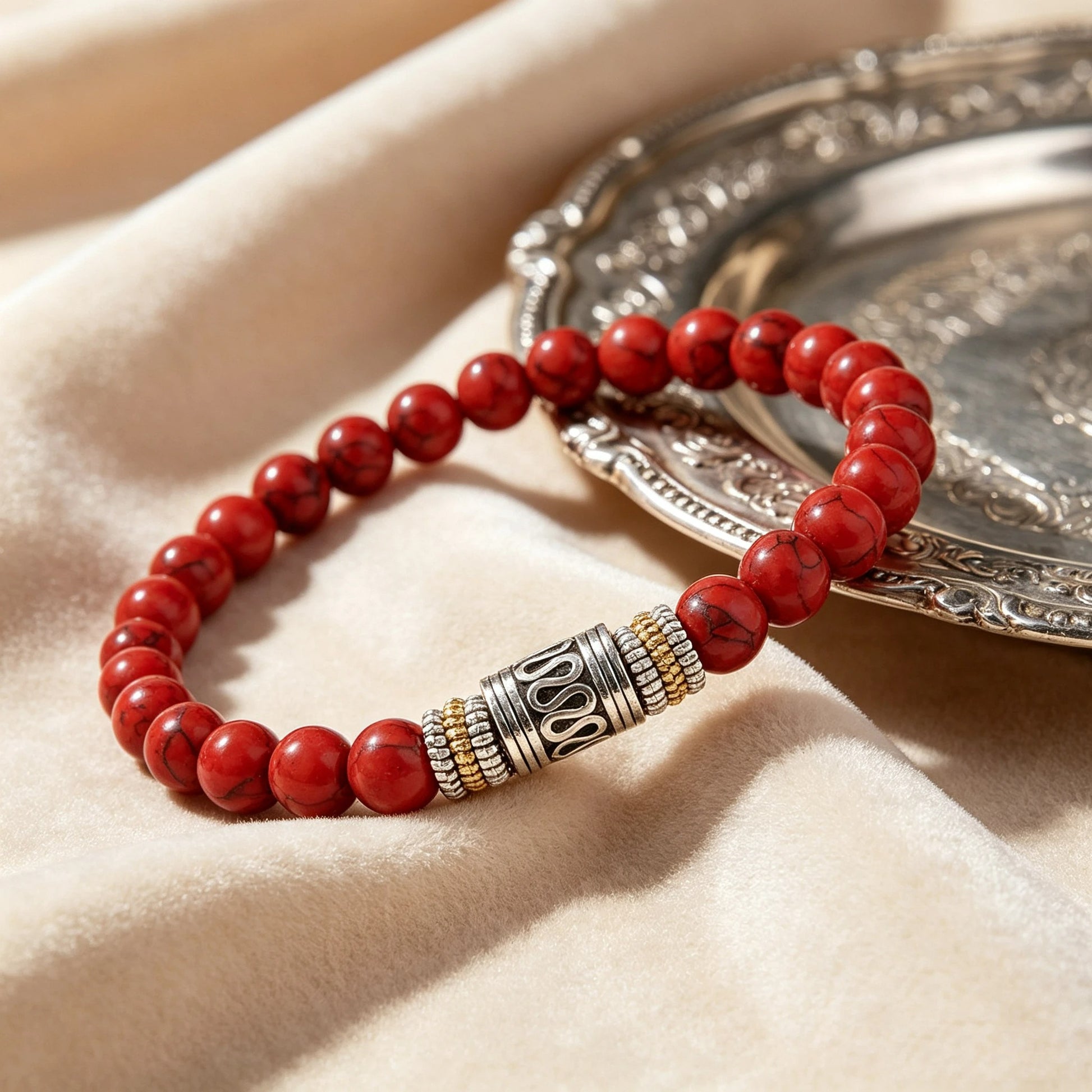 Bracelet Jaspe Rouge Perle Centrale Ciselée