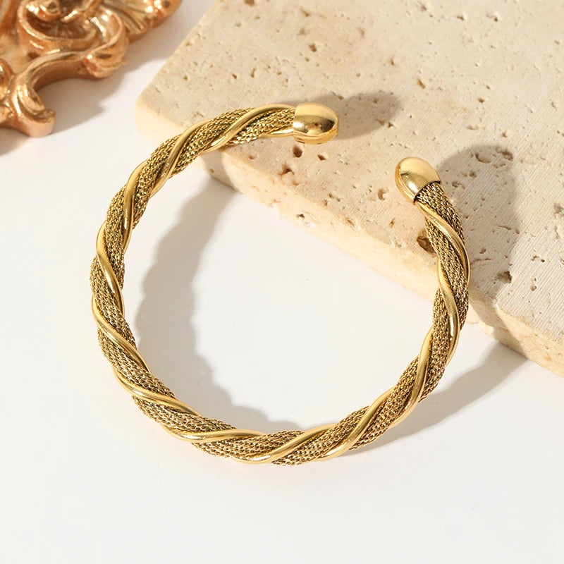 Bracelet Jonc Femme Acier Inoxydable Tressé Doré