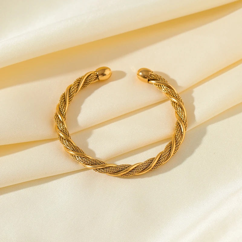 Bracelet Jonc Femme Acier Inoxydable Tressé Doré