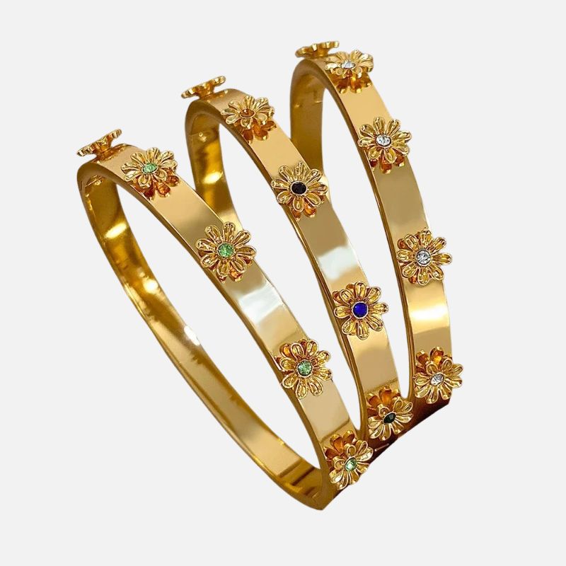 Bracelet Jonc Plat Fleurs En Relief Acier Inoxydable