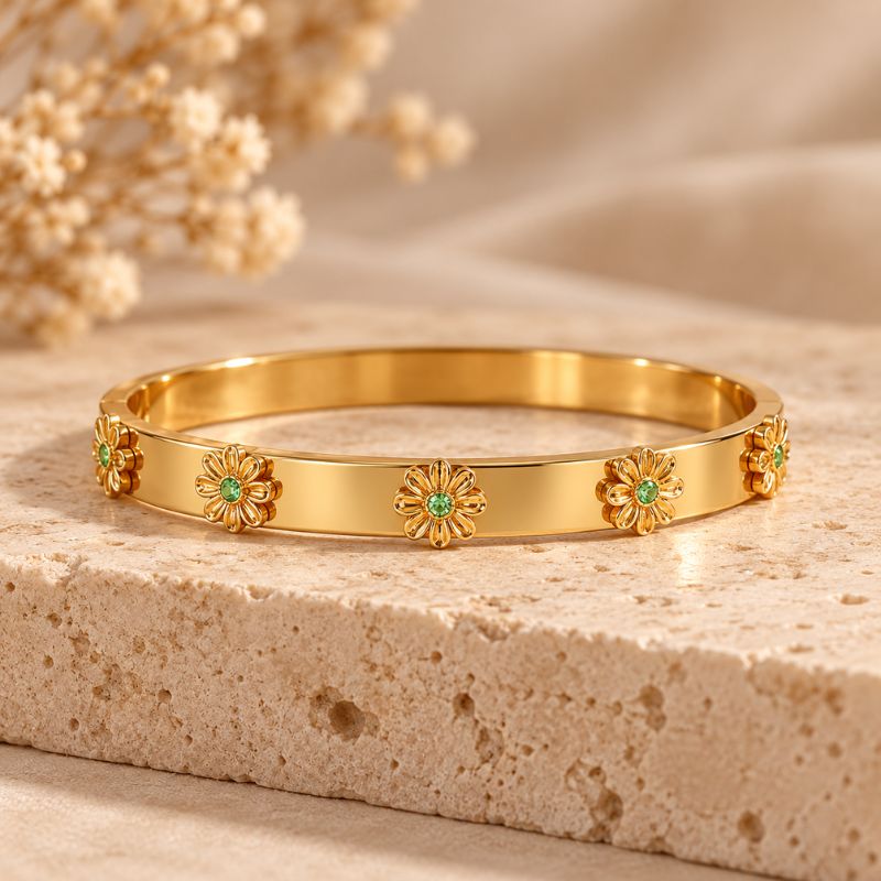 Bracelet Jonc Plat Fleurs En Relief Acier Inoxydable