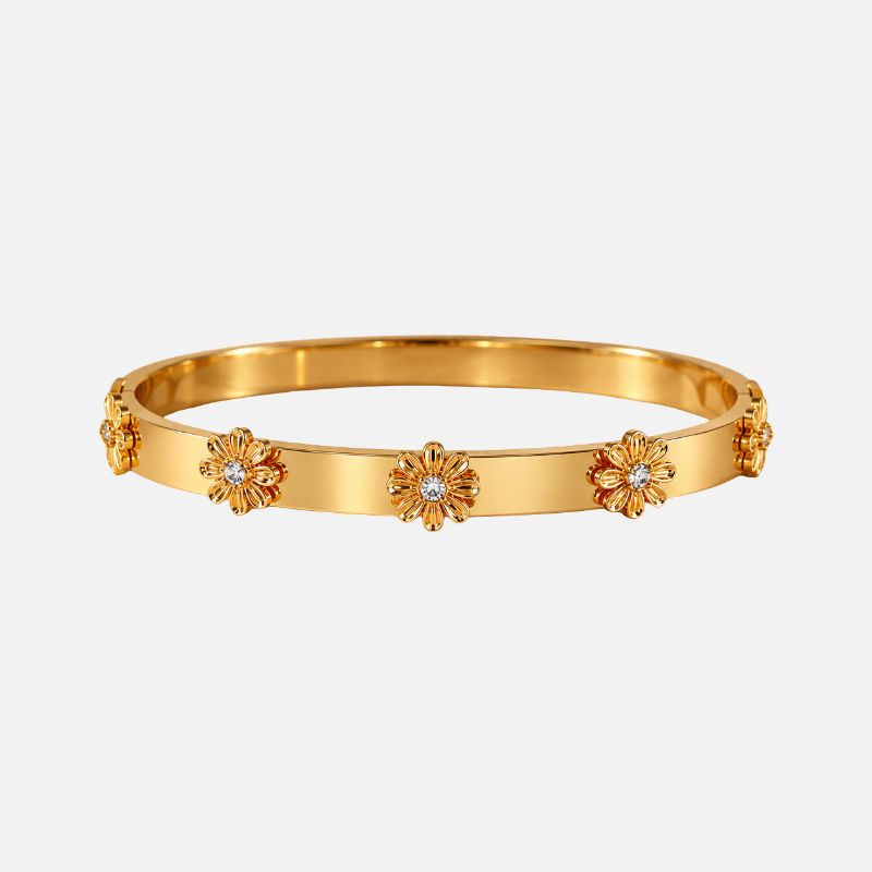 Bracelet Jonc Plat Fleurs En Relief Acier Inoxydable
