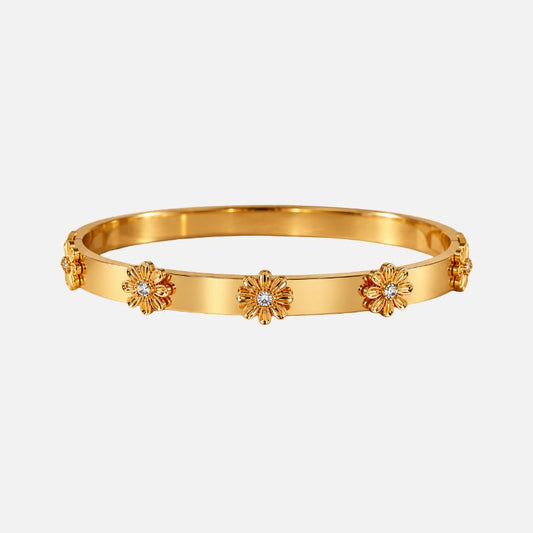Bracelet Jonc Plat Fleurs En Relief Acier Inoxydable