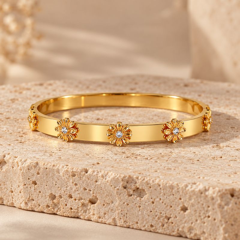 Bracelet Jonc Plat Fleurs En Relief