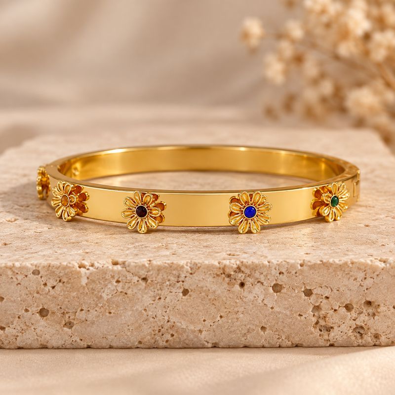 Bracelet Jonc Plat Fleurs En Relief Acier Inoxydable
