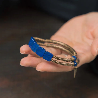 Bracelet Lapis Lazuli Femme Cubes Laiton Martelé