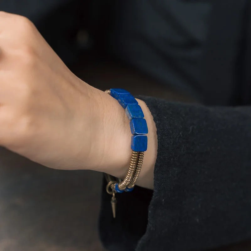 Bracelet Lapis Lazuli Femme Cubes Laiton Martelé