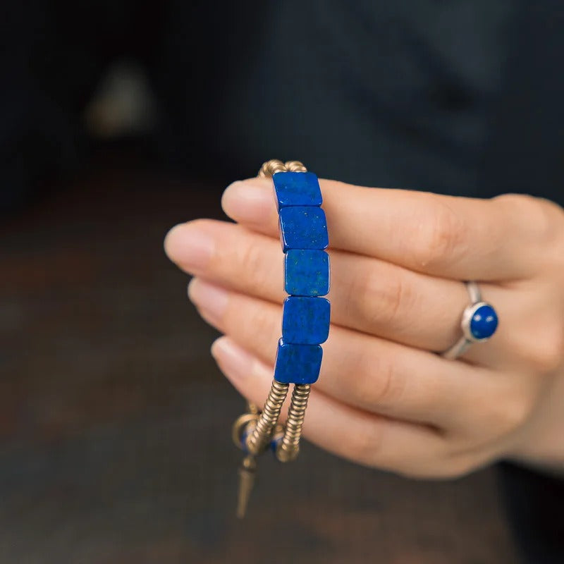 Bracelet Lapis Lazuli Femme Cubes Laiton Martelé