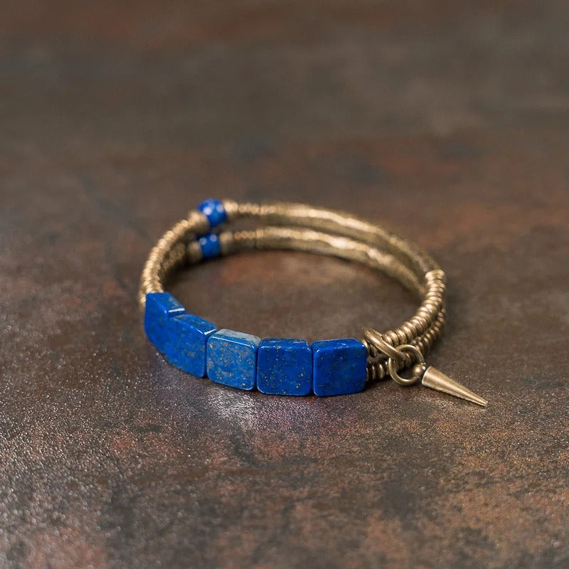 Bracelet Lapis Lazuli Femme Cubes Laiton Martelé
