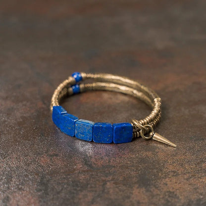 Bracelet Lapis Lazuli Femme Cubes Laiton Martelé