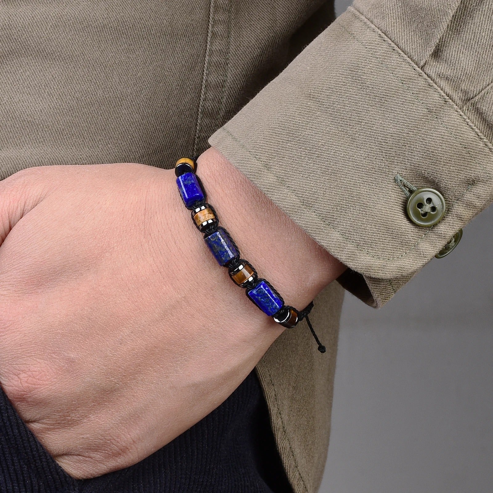 Bracelet Lapis Lazuli Homme Œil de Tigre Cordon