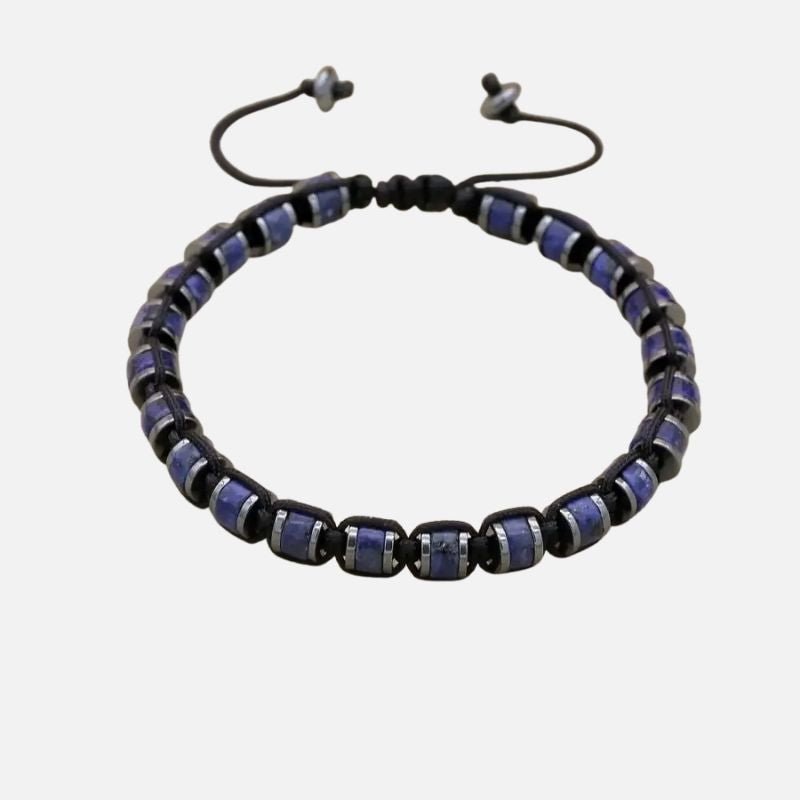 Bracelet Lapis Lazuli Homme Perles Cylindriques Cordon Réglable